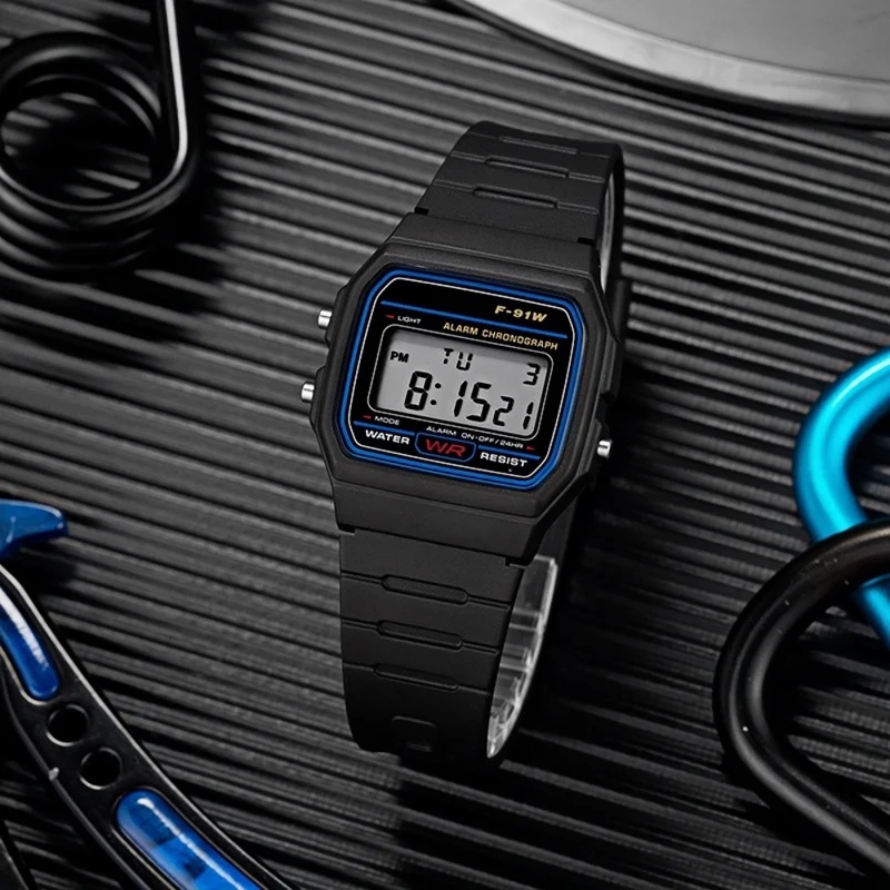 Vintage Digital Watch - Klasyczny zegarek cyfrowy F‑9100W dla mężczyzn