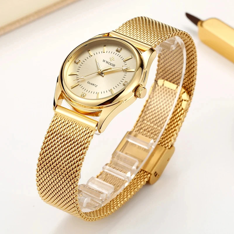 Mesh Stainless Strap - WWOOR luksusowa marka sukienka złoty zegarek